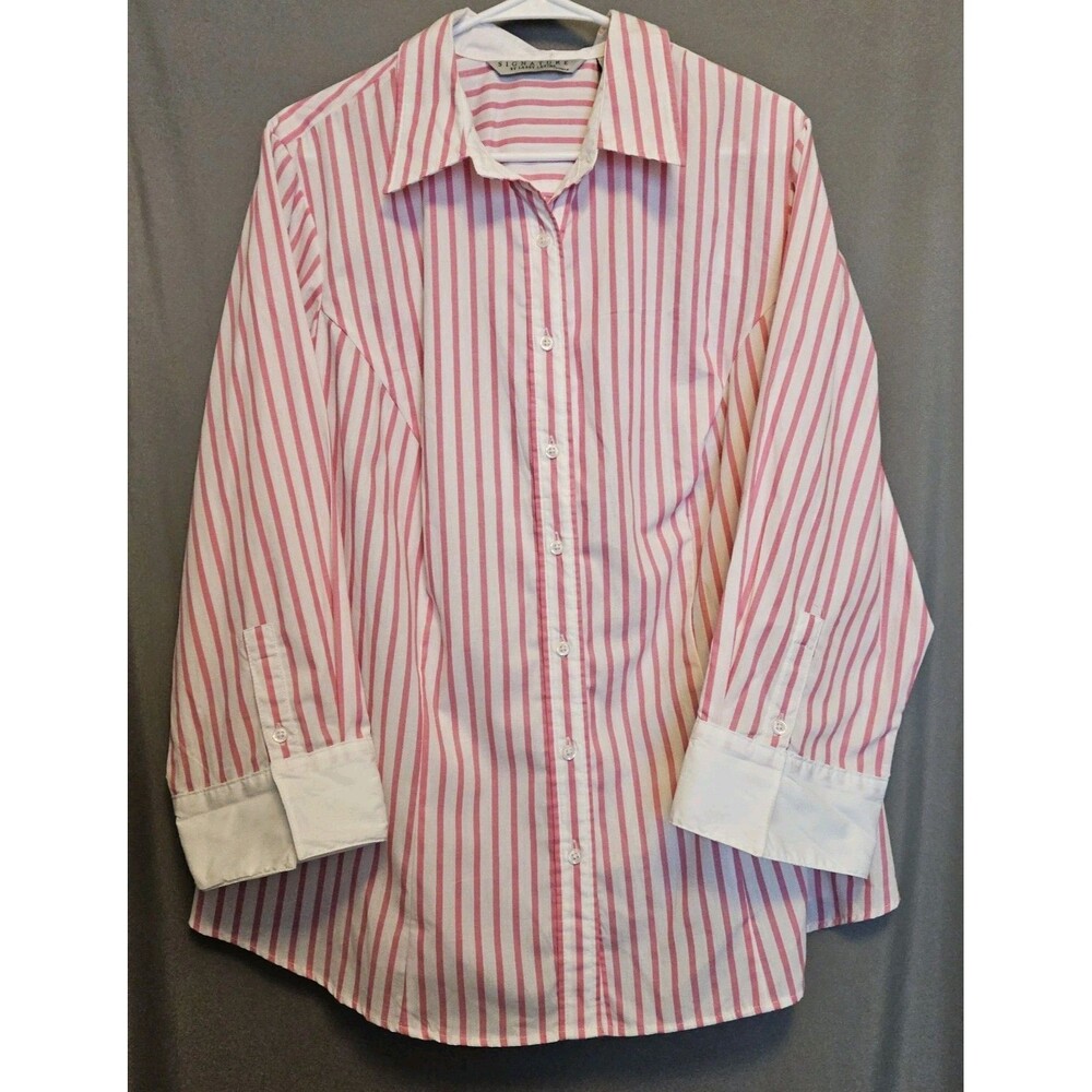 Signature By Larry Levine Womens 2X Pink White Striped Button Up Shirt Long...